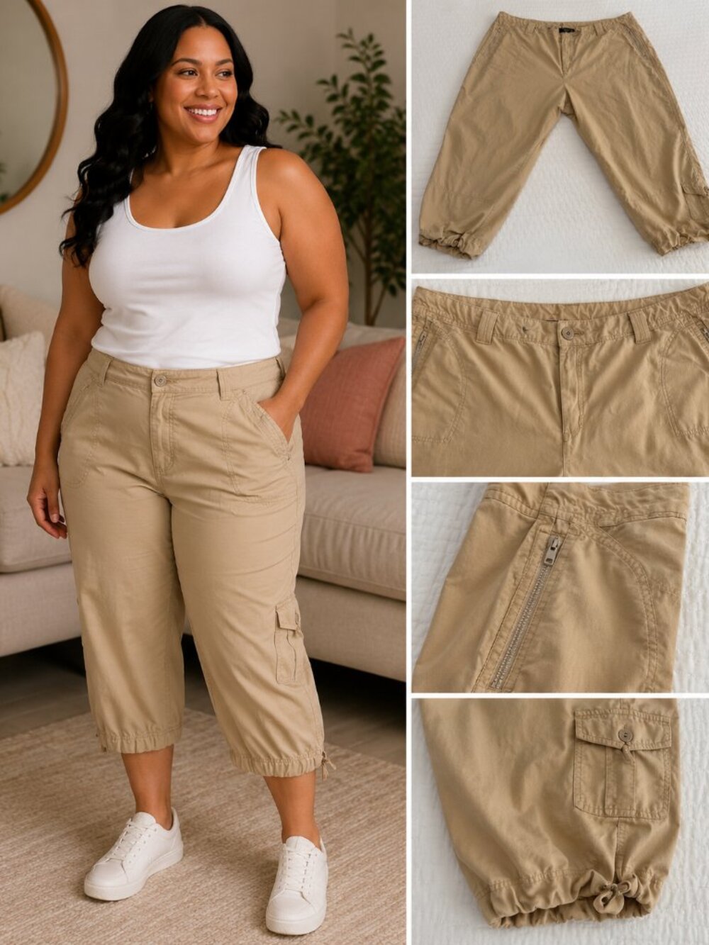 Venezia Khaki Cargo Capri Pants | Lightweight Utility Pants | Plus Size 26